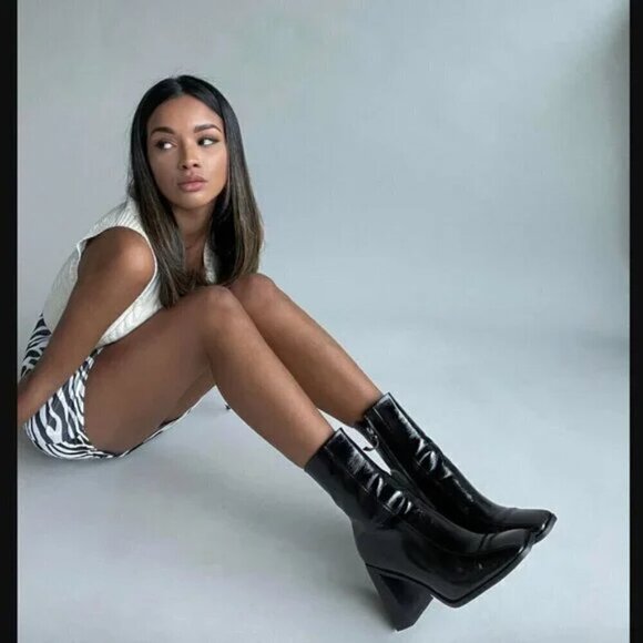 Princess Polly Kia Black Patent Leather Heeled Ankle Boots 6 - Picture 7 of 10